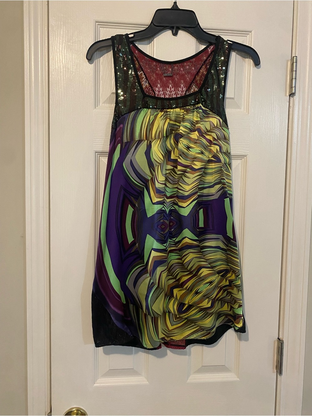 Custo Barcelona Mix Media Funky Artsy Print Sequins Metallic Sleeveless Top 2 S